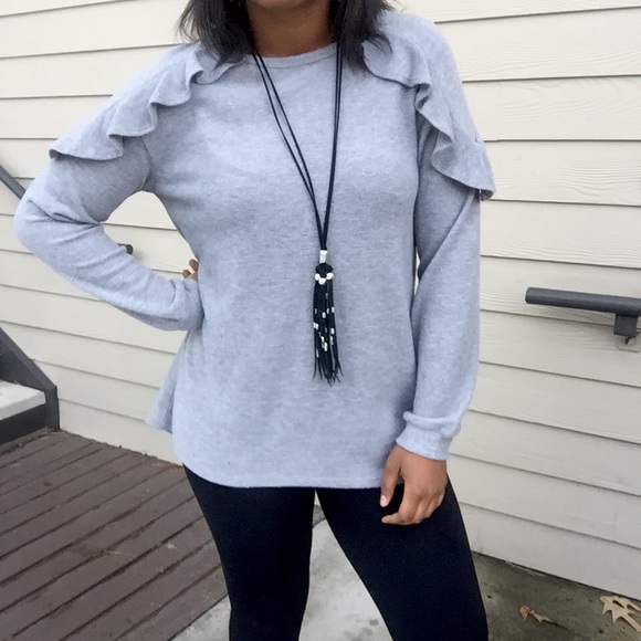 Gray Ruffle Shoulder Soft Sweatshirt Sweater Top - Picture 3 of 5